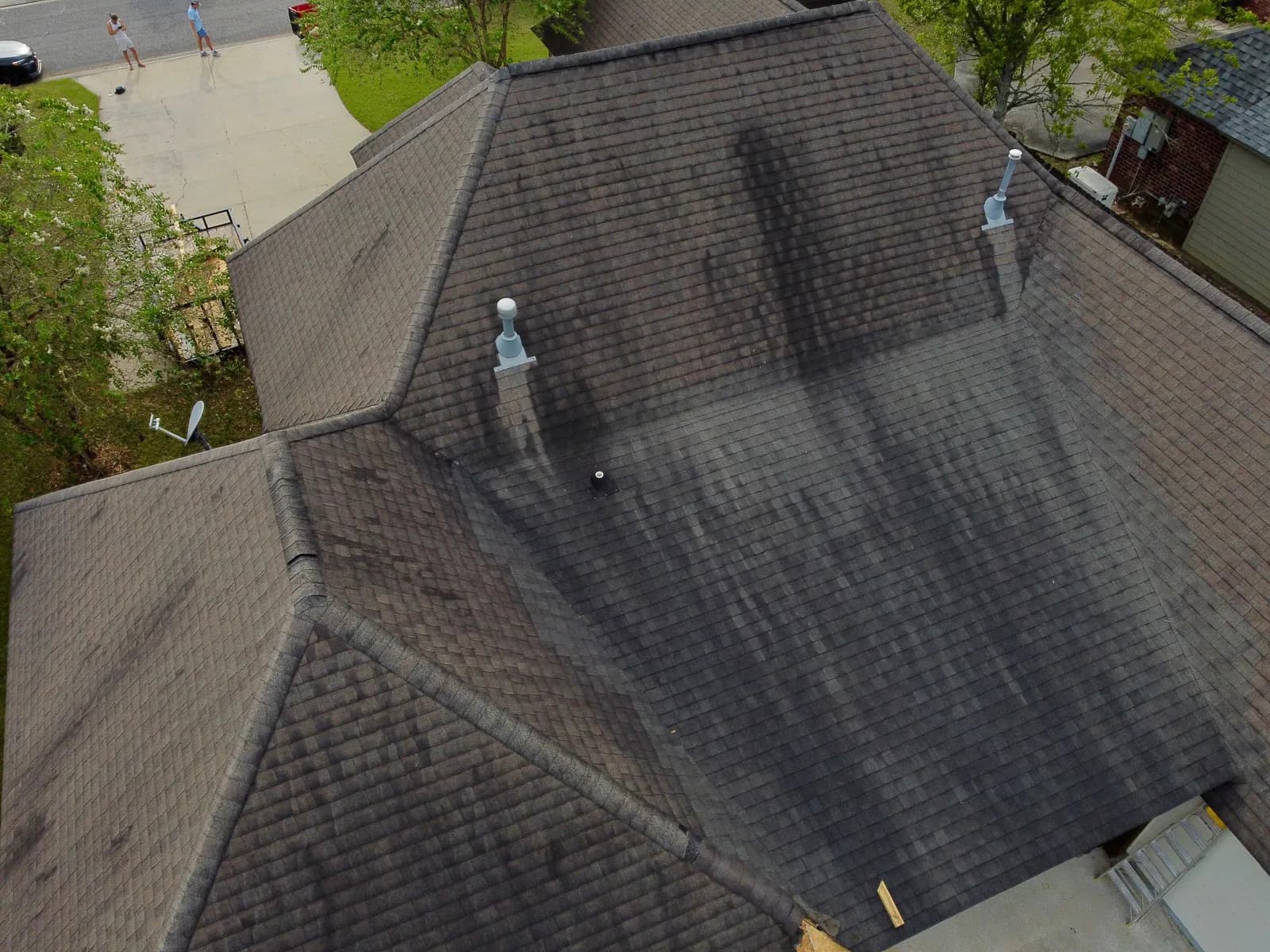 Close-up of algae-streaked worn shingles before replacement